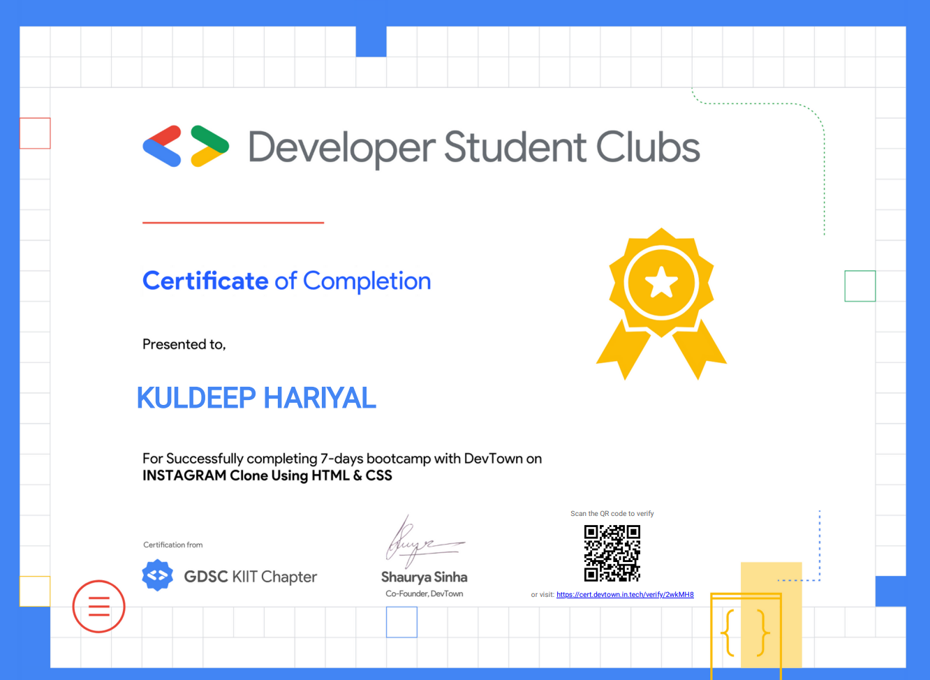 Student club certificate